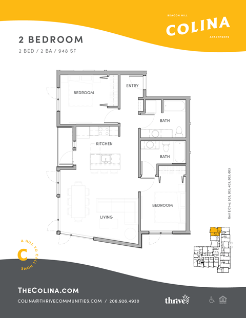 Floor plan for 2 beds, 2 baths, 947 sqft