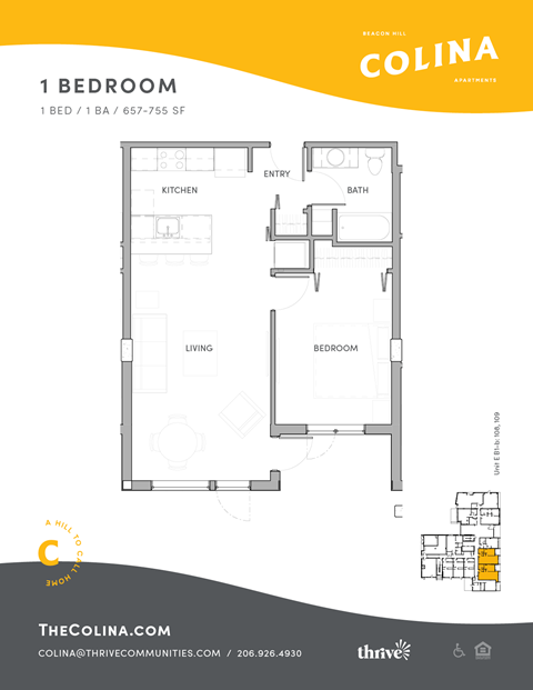 Floor plan for 1 bed, 1 bath, 765 sqft