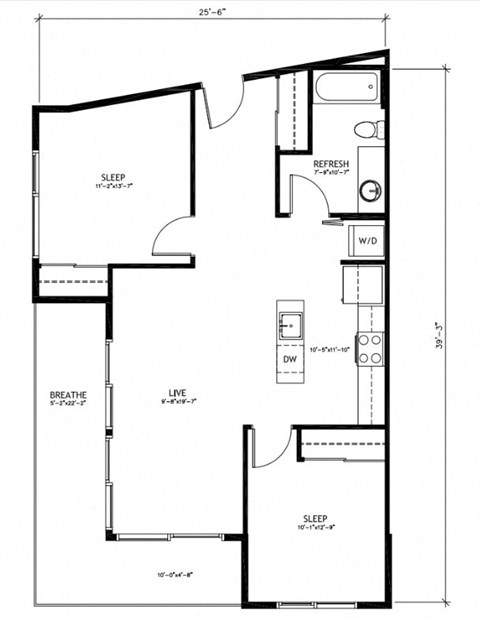 Floor plan for 2 beds, 1 bath, 861 sqft
