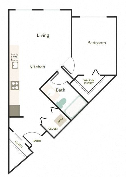 Floor plan for 1 bed, 1 bath, 596 sqft