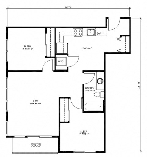 Floor plan for 2 beds, 1 bath, 883 sqft