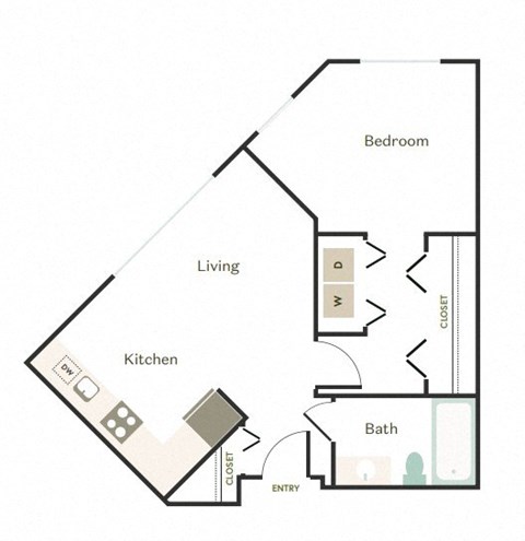 Floor plan for 1 bed, 1 bath, 629 sqft