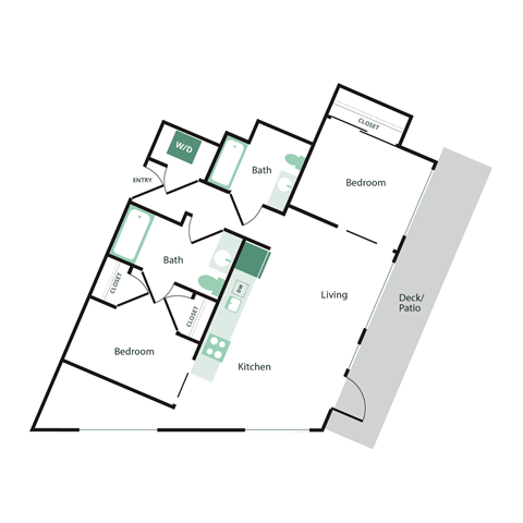 Floor plan for 2 beds, 2 baths, 932 sqft