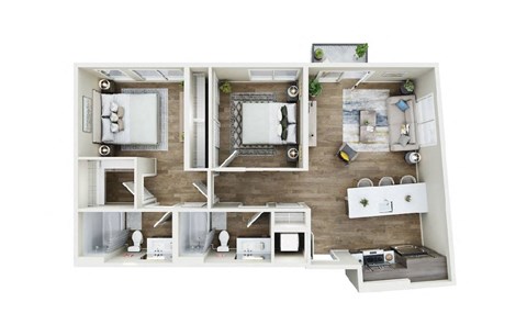 Floor plan for 2 beds, 2 baths, 953 sqft