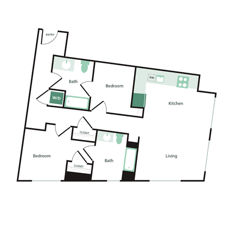 Floor plan for 2 beds, 2 baths, 1026 sqft