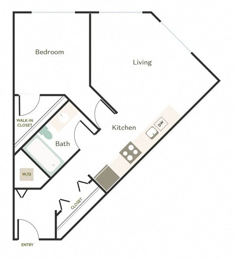 Floor plan for 1 bed, 1 bath, 729 sqft