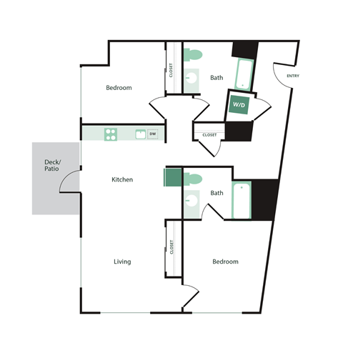 Floor plan for 2 beds, 2 baths, 1051 sqft