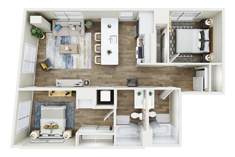 Floor plan for 2 beds, 2 baths, 940 sqft
