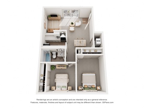 Floor plan for 2 beds, 1 bath, 864 sqft