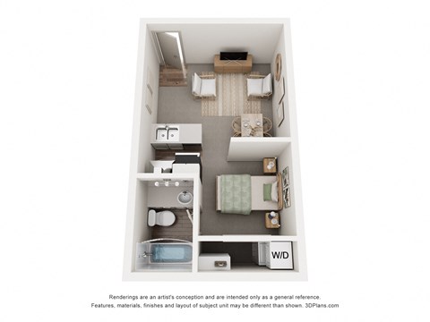 Floor plan for studio, 1 bath, 500 sqft