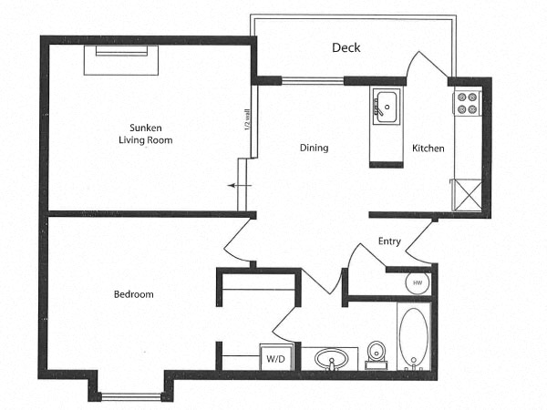 Floor plan for 1 bed, 1 bath, 665 sqft