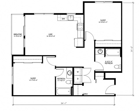 Floor plan for 2 beds, 2 baths, 1017 sqft