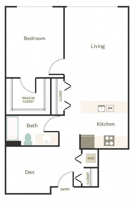Floor plan for 1 bed, 1 bath, 833 sqft