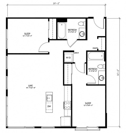 Floor plan for 2 beds, 2 baths, 995 sqft
