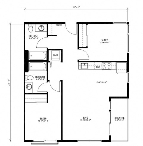 Floor plan for 2 beds, 2 baths, 904 sqft
