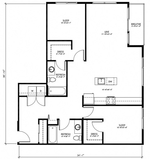 Floor plan for 2 beds, 2 baths, 1167 sqft