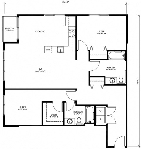 Floor plan for 2 beds, 2 baths, 1211 sqft