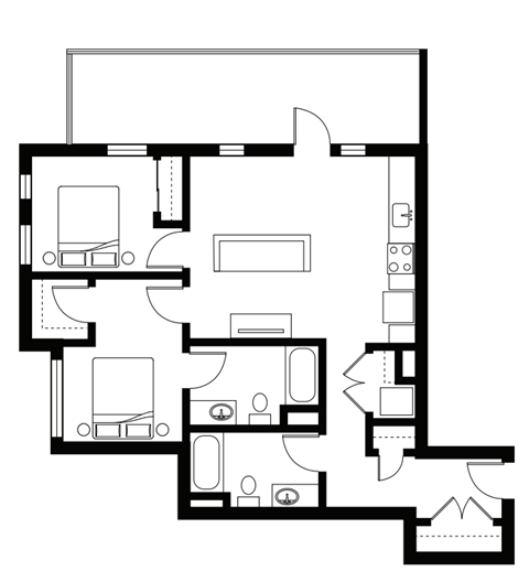 Floor plan for 2 beds, 2 baths, 958 sqft