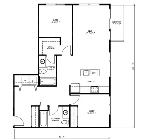 Floor plan for 2 beds, 2 baths, 1056 sqft