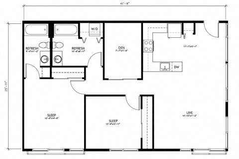 Floor plan for 2 beds, 2 baths, 1158 sqft