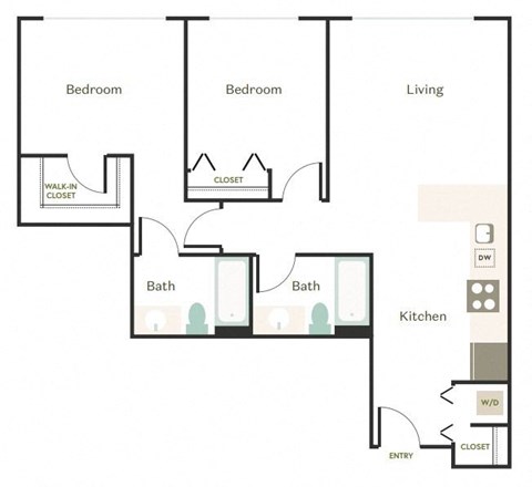 Floor plan for 2 beds, 2 baths, 1042 sqft