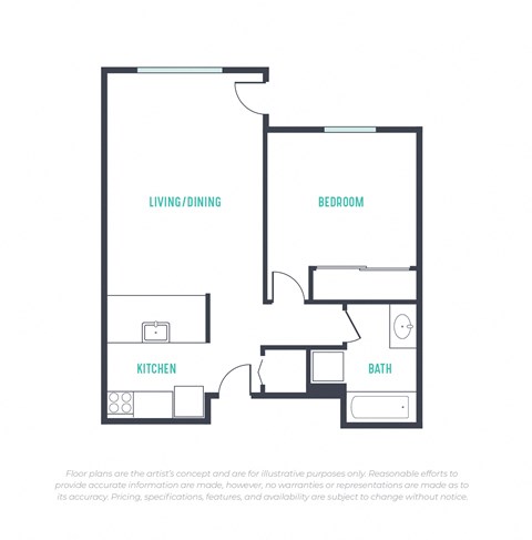 Floor plan for 1 bed, 1 bath, 610 sqft