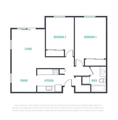 Floor plan for 2 beds, 1 bath, 810 sqft