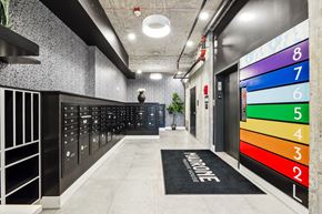 Seattle apartment for rent - the locker room at the gym has a colorful rug and lockers