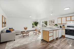 Lacey townhouse for rent - A modern kitchen with a dining area and a living room.