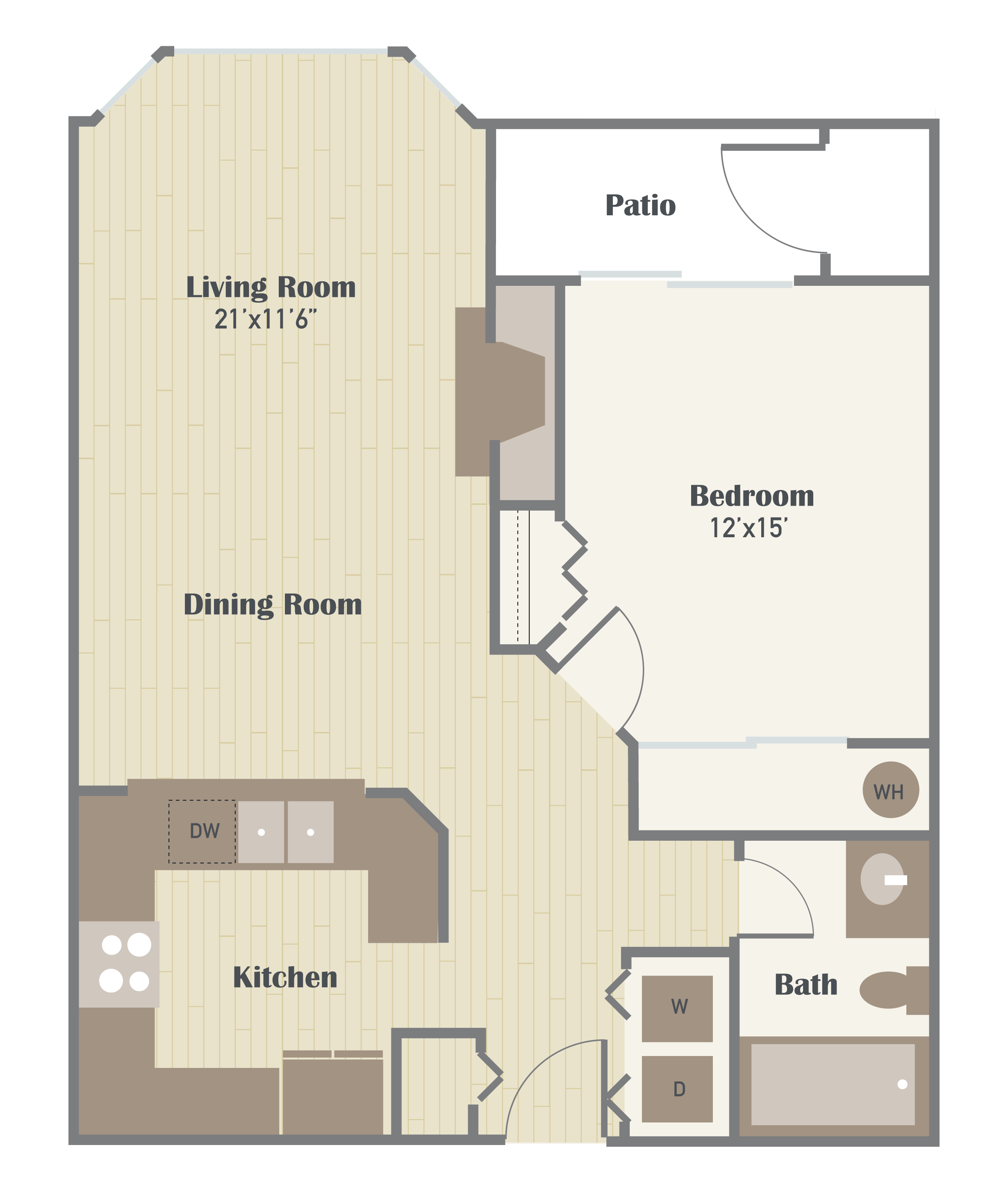 Floor plan for 1 bed, 1 bath, 735 sqft