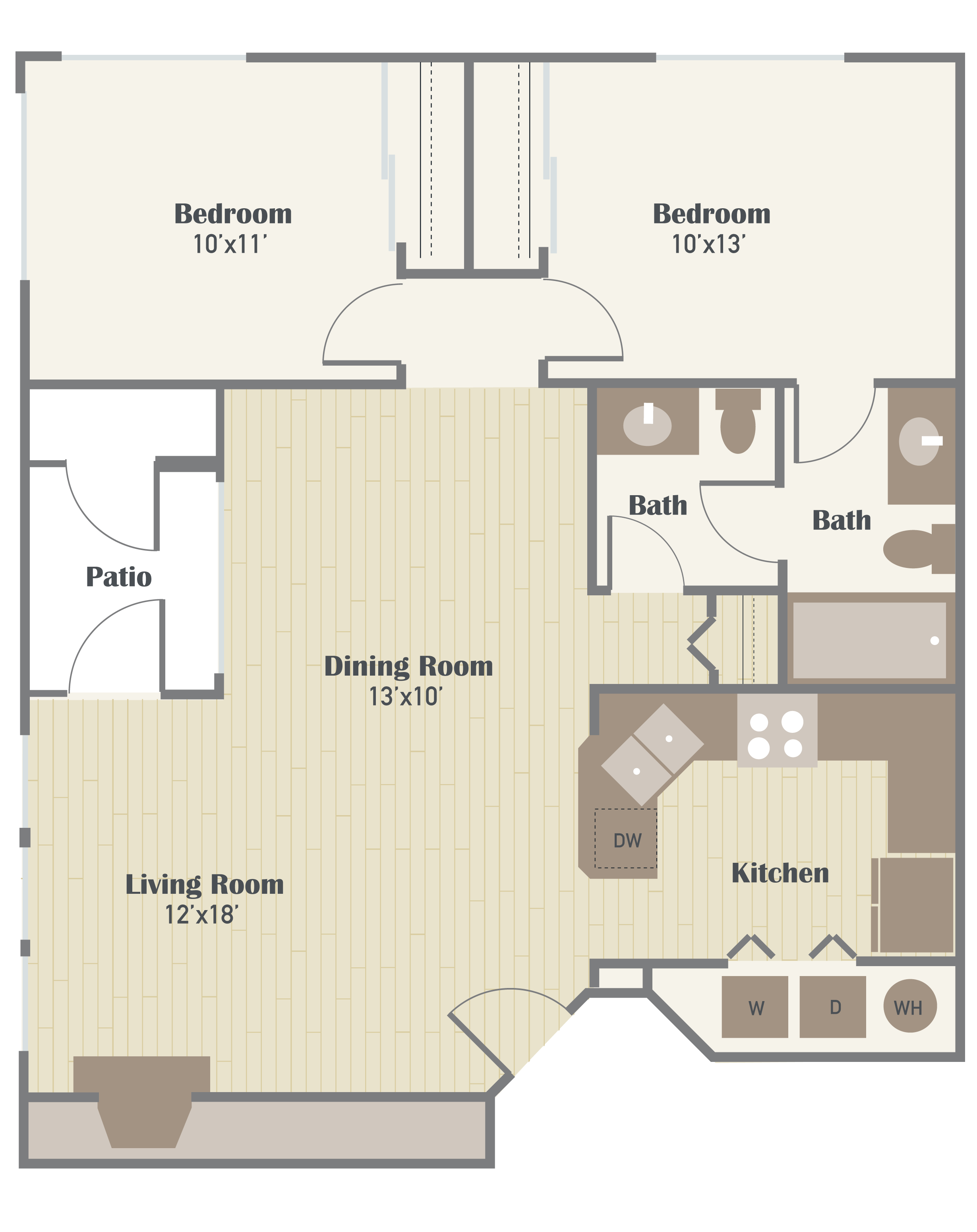 Floor plan for 2 beds, 1.5 baths, 955 sqft
