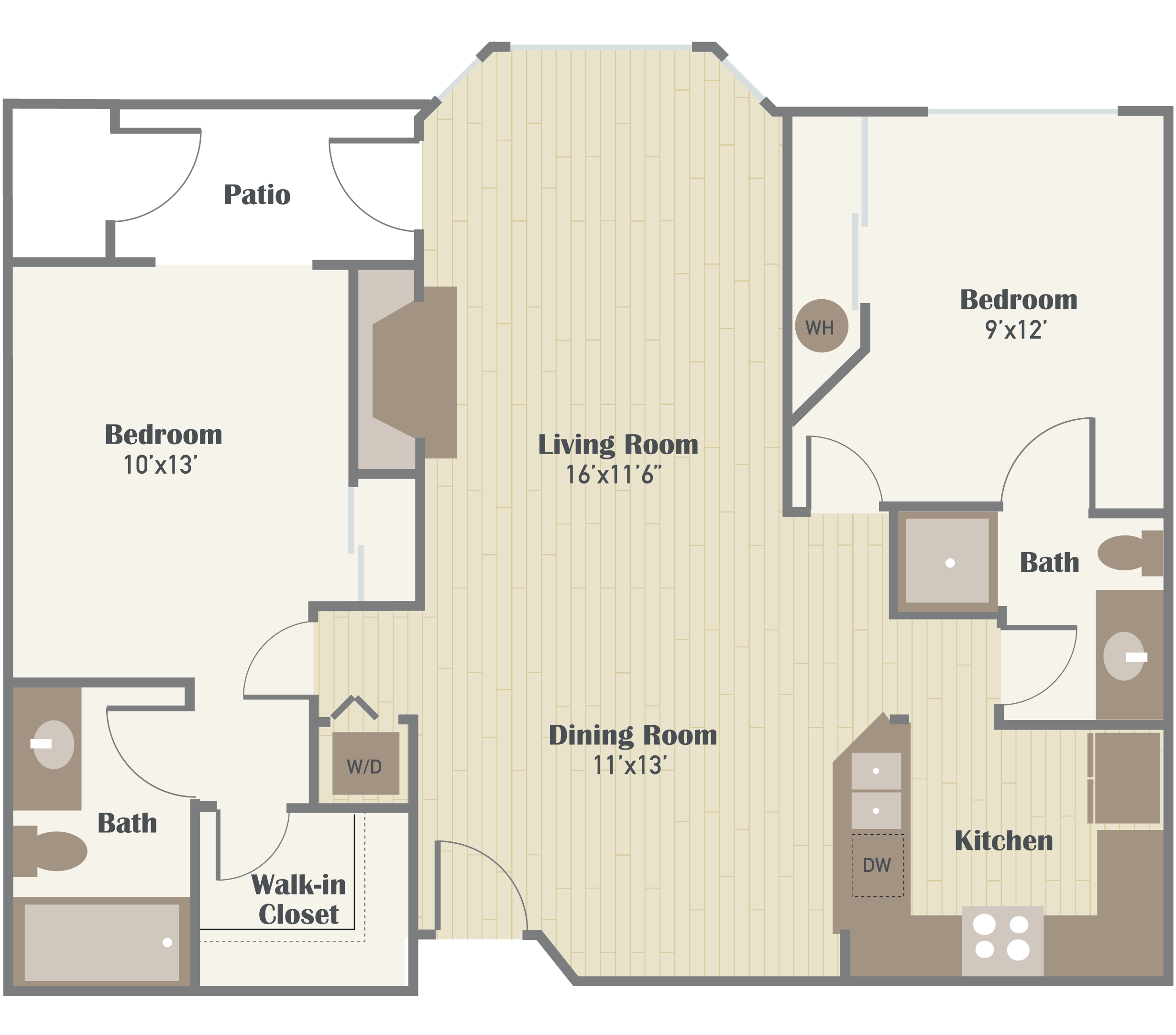 Floor plan for 2 beds, 2 baths, 1005 sqft
