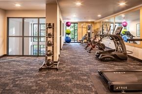 Seattle apartment for rent - a gym with cardio machines and weights on a carpeted floor