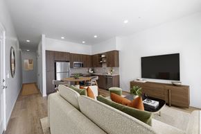 Bainbridge Island apartment for rent - A modern living room with a couch, a coffee table, and a television.
