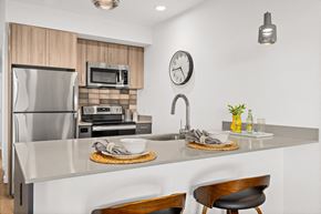 Seattle apartment for rent - a kitchen with stainless steel appliances and a counter with a sink