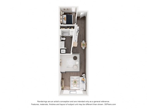 Floor plan for 1 bed, 1 bath, 607 sqft