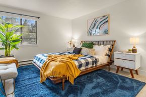 Milton apartment for rent - a bedroom with a bed and a blue rug