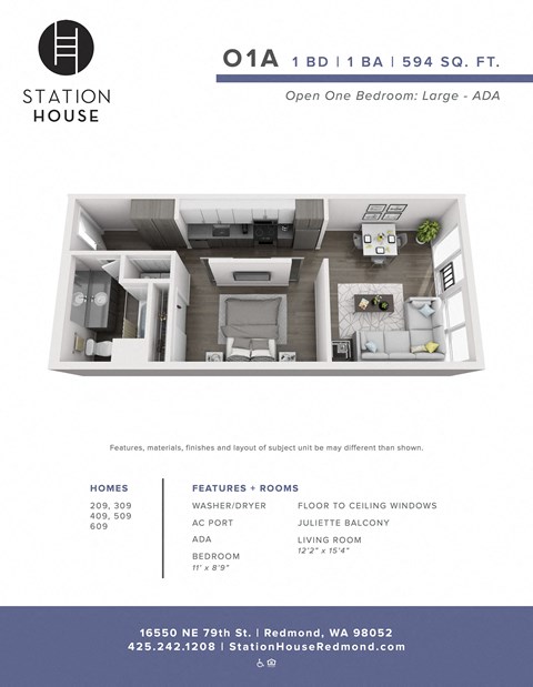 Floor plan for 1 bed, 1 bath, 594 sqft
