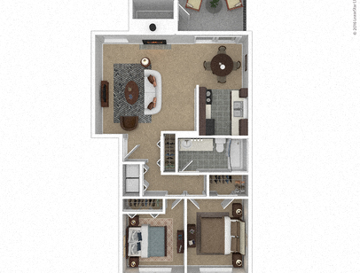 Floor plan for 2 beds, 1 bath, 847 sqft