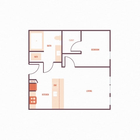 Floor plan for 1 bed, 1 bath, 588 sqft