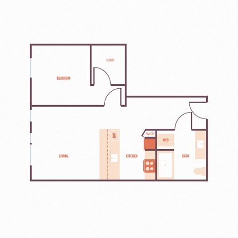 Floor plan for 1 bed, 1 bath, 673 sqft