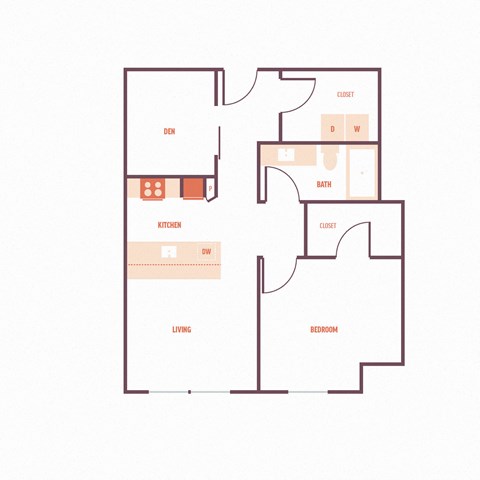 Floor plan for 1 bed, 1 bath, 877 sqft