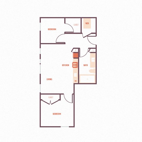 Floor plan for 2 beds, 1 bath, 892 sqft