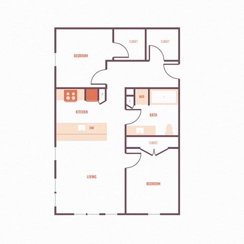 Floor plan for 2 beds, 1 bath, 929 sqft