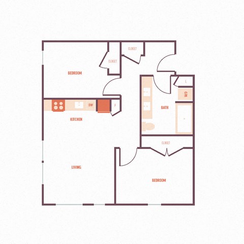Floor plan for 2 beds, 1 bath, 834 sqft