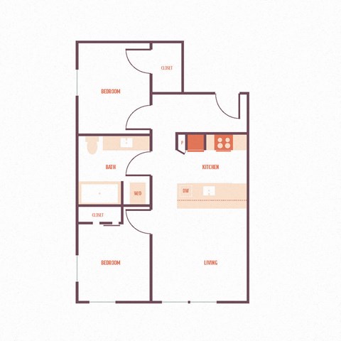 Floor plan for 2 beds, 1 bath, 815 sqft