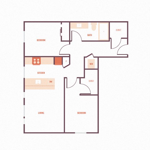 Floor plan for 2 beds, 1 bath, 920 sqft