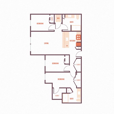 Floor plan for 3 beds, 2 baths, 1206 sqft