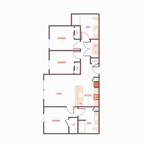 Floor plan for 3 beds, 2 baths, 1077 sqft