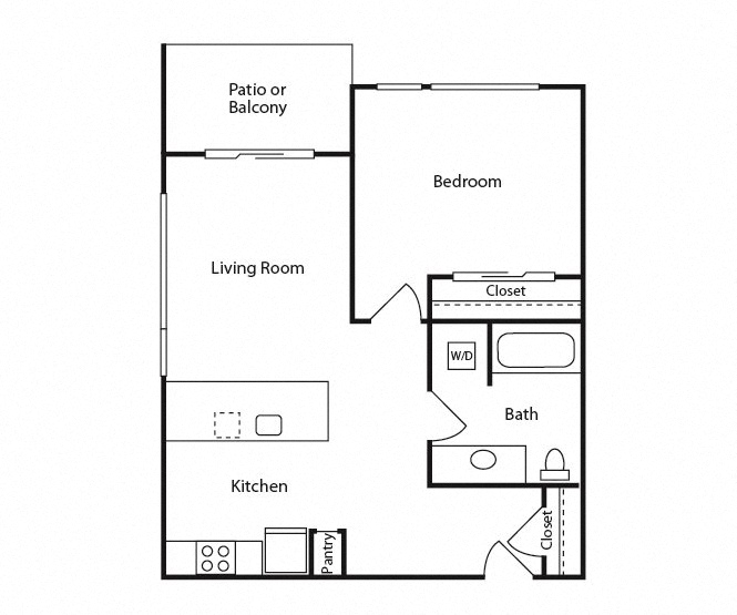 Floor plan for 1 bed, 1 bath, 675 sqft